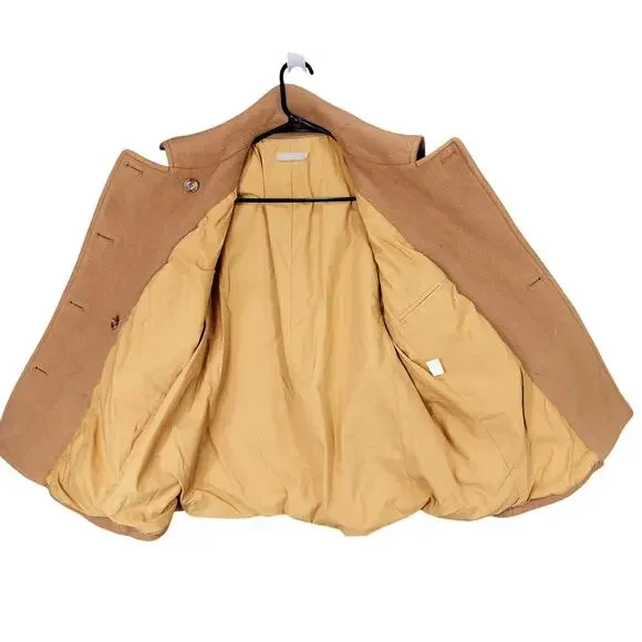 J Crew Pea Coat sz M Women Camel Beige Wool‎ Lined Double Breasted Pockets READ - Picture 3 of 14